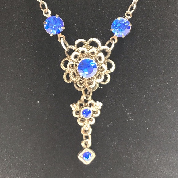 Retro Cobalt Blue Silver Tone Metal Floral Victorian Style Bridal Necklace - Picture 3 of 8